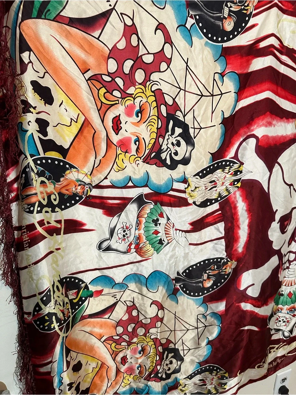 Ed Hardy Pirate Skull Pin Up Oversized Fringe Scarf Wrap 41